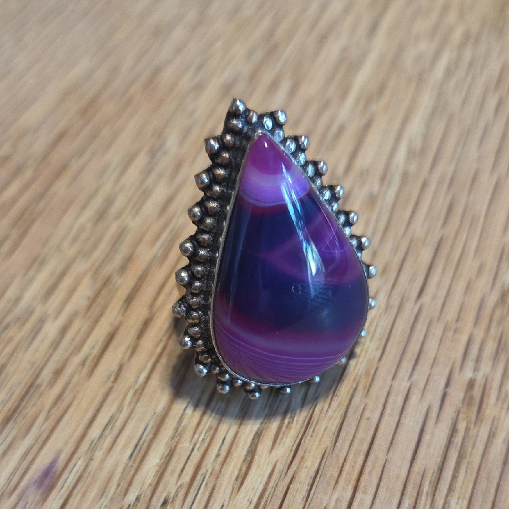 Silver Plate Purple Agate Ring Size 7.5-8